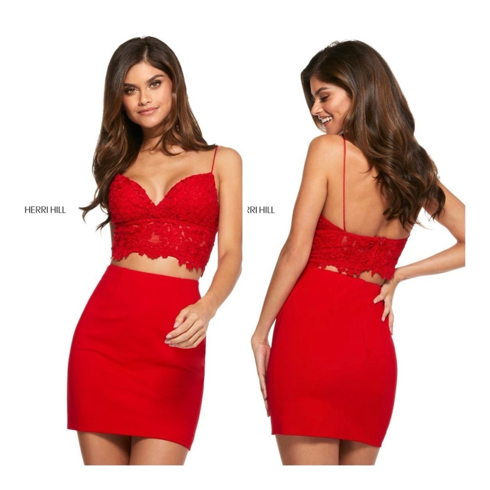 Sherri Hill Vibrant Red Lace Two Piece Ensemble - Dress -Gown NWT